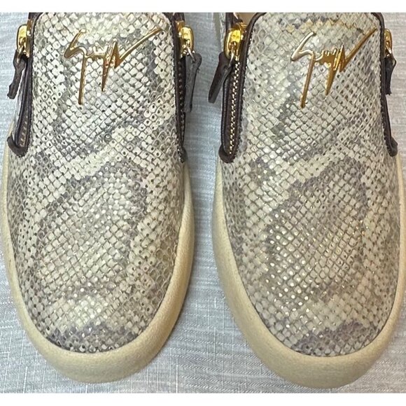 Giuseppe Zanotti Women 37.5 Python Print Low-Top Slip on Sneakers Gold Zippers - Picture 2 of 14
